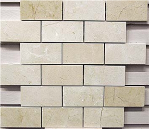 Spanish Crema Marfil Brick Mosaic Tile, Cream Marble Mosaic, Beige Marble Mosaic, Marble Subway Wall Mosaic Tile ,Crema Marfil 3x6 Beveled Pillowed Mesh-Mosaic Marble Tile