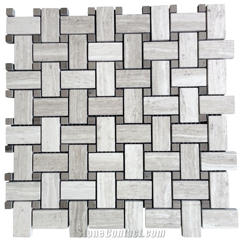 White Oak Athens Silver Cream Marble Basketweave Mosaic,White Oak, White Wood Vein, Athen Grey Marble, Grey Wood Vein Marble