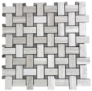 White Oak Athens Silver Cream Marble Basketweave Mosaic,White Oak, White Wood Vein, Athen Grey Marble, Grey Wood Vein Marble