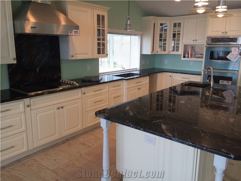 Cosmic Black Leather Granite Kitchen Perimeter Top and Island Top