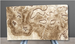 China Gold Wood Grain Onyx Bookmatched Polished Onix Slab