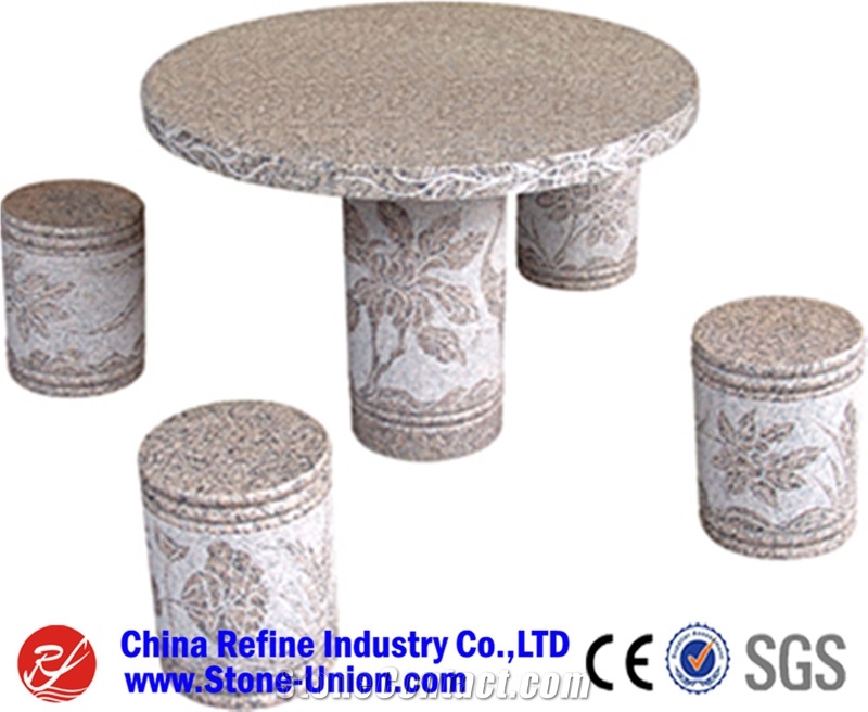 China Beige Granite Stone Table , Garden Stone Table / Benches, Garden Stone Tables and Chairs