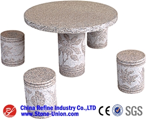 China Beige Granite Stone Table , Garden Stone Table / Benches, Garden Stone Tables and Chairs