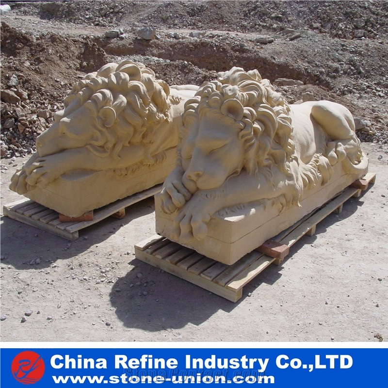 Yellow Limestone Sitting Lion Statue, Life Size Limestone Garden Lion Statue, Animal Sculpture Outdoor Lion Statue