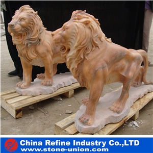 Yellow Limestone Sitting Lion Statue, Life Size Limestone Garden Lion Statue, Animal Sculpture Outdoor Lion Statue