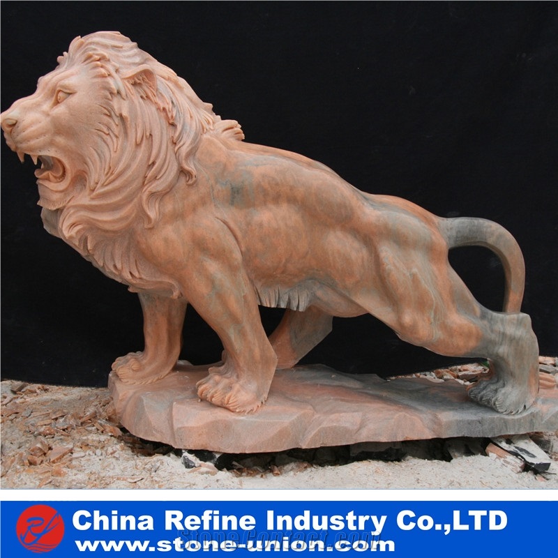 Yellow Limestone Sitting Lion Statue, Life Size Limestone Garden Lion Statue, Animal Sculpture Outdoor Lion Statue