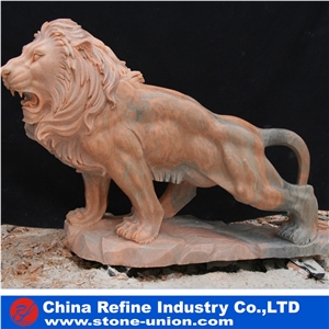 Yellow Limestone Sitting Lion Statue, Life Size Limestone Garden Lion Statue, Animal Sculpture Outdoor Lion Statue
