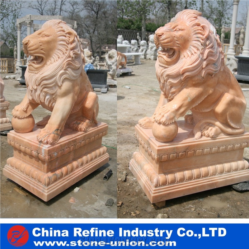 Yellow Limestone Sitting Lion Statue, Life Size Limestone Garden Lion Statue, Animal Sculpture Outdoor Lion Statue