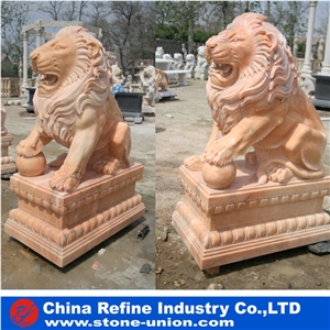 Yellow Limestone Sitting Lion Statue, Life Size Limestone Garden Lion Statue, Animal Sculpture Outdoor Lion Statue