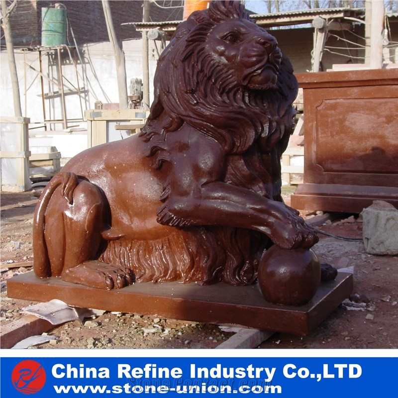 Yellow Limestone Sitting Lion Statue, Life Size Limestone Garden Lion Statue, Animal Sculpture Outdoor Lion Statue