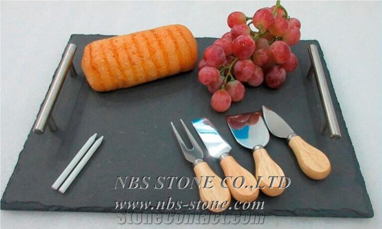 Kitchen Utensils,Modern Bar Restaurant Dinner Black Slate Stone Plate,Tea Trays,Handle,China Slate