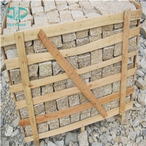 G682 Granite,Misty Rusty Yellow, Giallo Rusty, Desert Gold,Giallo Fantasia,Giallo Ming, Giallo Rustic, Gold Leaf China, Golden Peach, Padang Amarillo Tumbled Natural Flame Cube Paver Pattern Cubestone