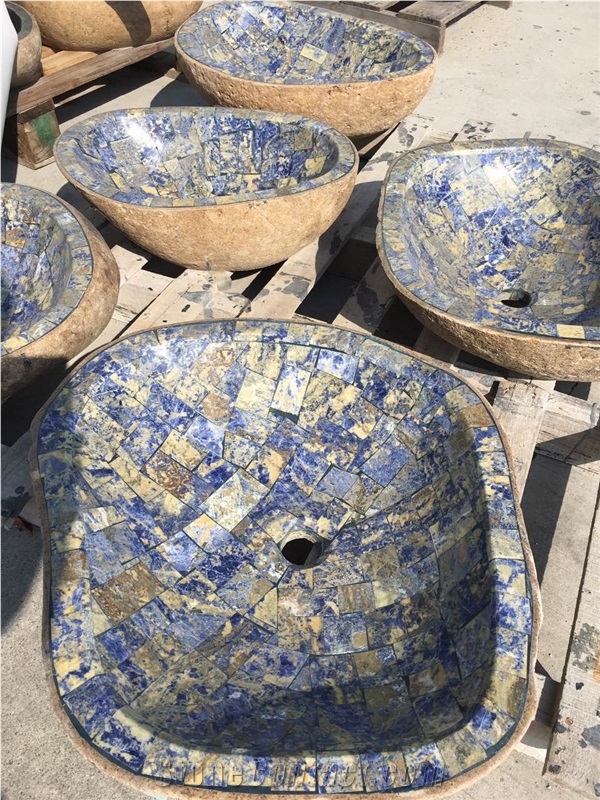 Blue Stone Mosaic Oval Sinks Blue Granite Vessel Sink for Bathroom