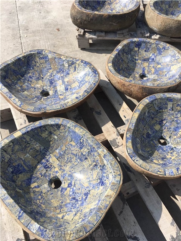 Blue Stone Mosaic Oval Sinks Blue Granite Vessel Sink for Bathroom