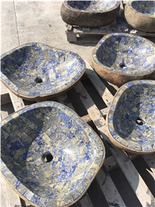 Blue Stone Mosaic Oval Sinks Blue Granite Vessel Sink for Bathroom