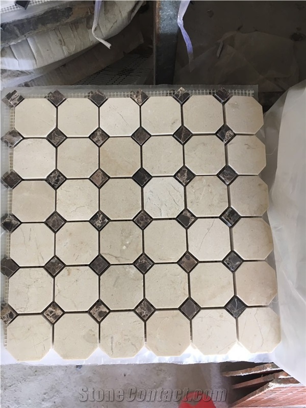 Honed Octagon Mosaic Tile Marble Crema Marfil Octagon Mosaic Tile for Bathroom