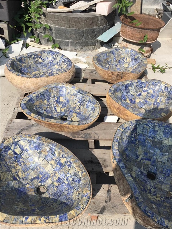 Irregular Farm Basin Blue Natural Stone Irregular Vessel Sink for Bathroom