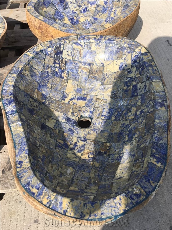 Irregular Farm Basin Blue Natural Stone Irregular Vessel Sink for Bathroom