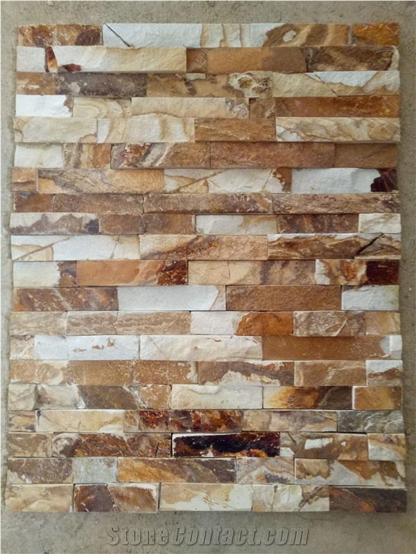 Golden Wooden Slate Ledge Stone/Stone Wall Cladding/Stone Wall Decor/Thin Stone Veneer/Manufactured Stone Veneer/Split Face Culture Stone/Feature Wall
