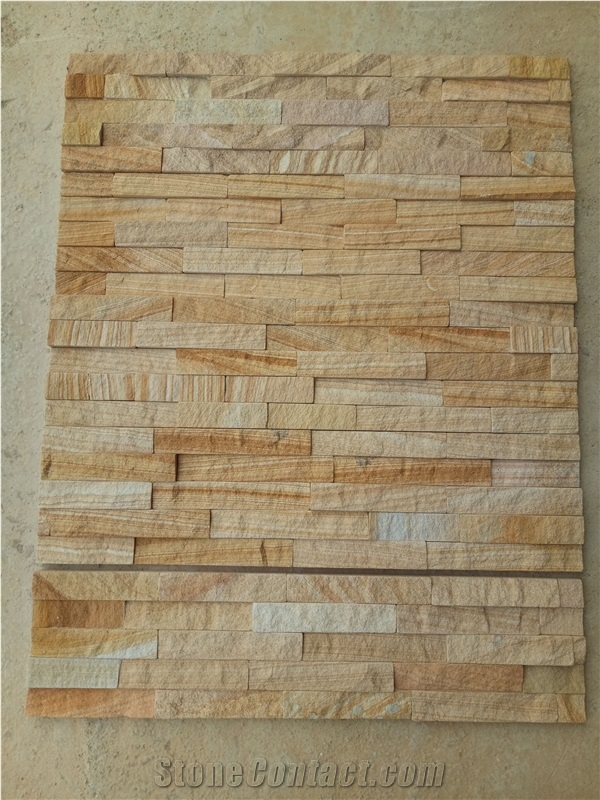 Yellow Wooden Sandstone Ledge Stone/Culture Stone/Stone Wall Cladding/Stone Wall Art/Thin Stone Veneer/Manufactured Stone Veneer/Split Face Culture Stone/Stone Wall Decor