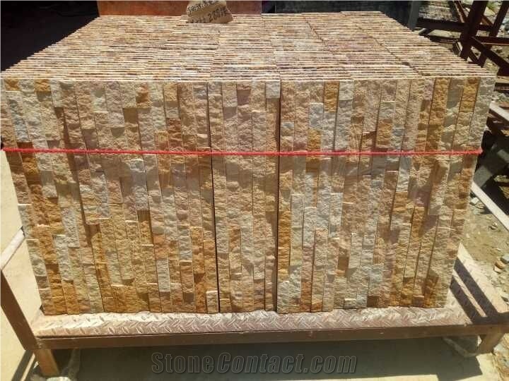 Yellow Wooden Sandstone Ledge Stone/Culture Stone/Stone Wall Cladding/Stone Wall Art/Thin Stone Veneer/Manufactured Stone Veneer/Split Face Culture Stone/Stone Wall Decor