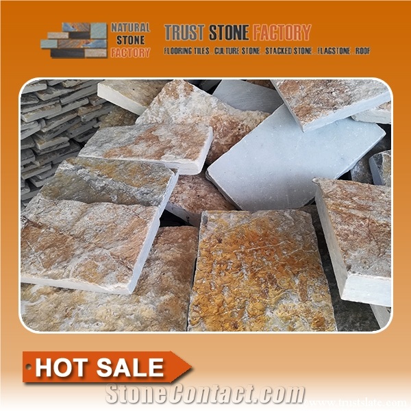 Beige Quartzite Cube Stone & Pavers, Courtyard Road Pavers, Exterior Pattern