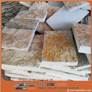 Golden Quartzite Random Flagstone Wall, Irregular Flagstone Cladding, Random Flagstone Wall Paver, Irregular Flagstone Courtyard Wall