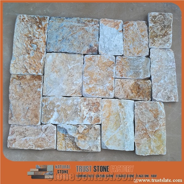 Golden Quarzite Random Shape Flagstones, China Irregular Flagstones, Grey Quartzite Irregular Wall Cladding Pieces, Quartzite Flagstone for Road Paving