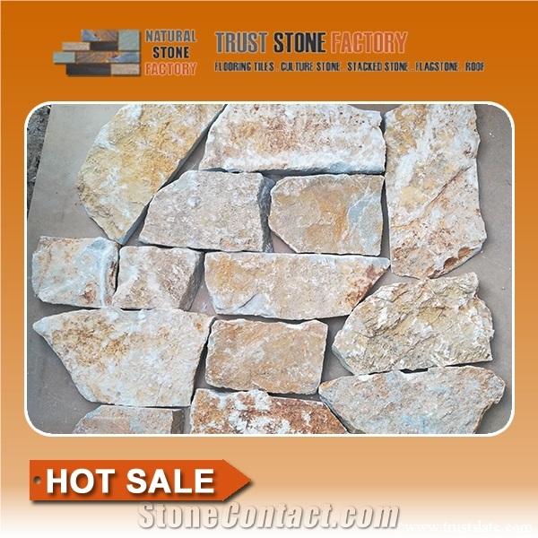 Natural Flagstone Courtyard,Beige Quartzite Random Flagstones Paver, Golden Quartzite Irregular Flagstone Patio Stone,