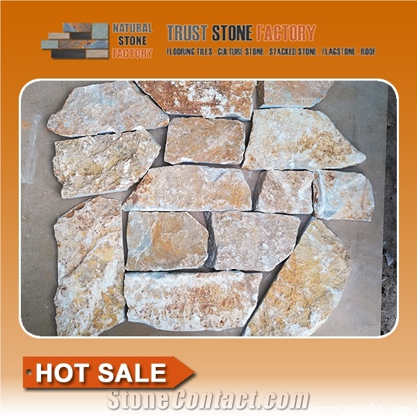 Natural Flagstone Courtyard,Beige Quartzite Random Flagstones Paver, Golden Quartzite Irregular Flagstone Patio Stone,