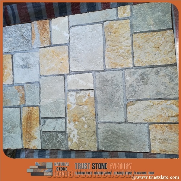 Yellow Wood Beige Slate Flagstone, Grey Meshed Paver Stone, Irregular Flagstones, Flagstone Driveway, Flagstone Walkway Pavers