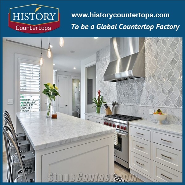 2017 New Trends Cararra White Marble Kitchen Worktops Island Tops with Laminated Bullnose Edge, Engineered Natural Stone Countertops Polished Surface for Multi-Family Projects
