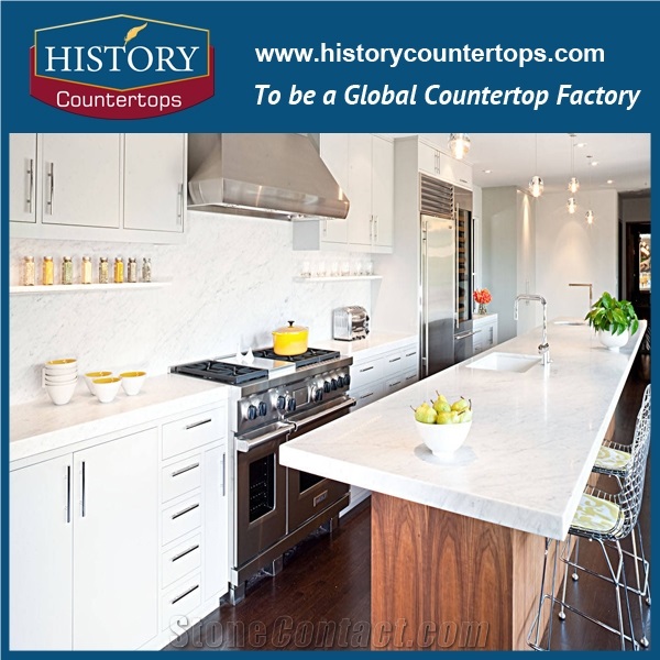 2017 New Trends Cararra White Marble Kitchen Worktops Island Tops with Laminated Bullnose Edge, Engineered Natural Stone Countertops Polished Surface for Multi-Family Projects