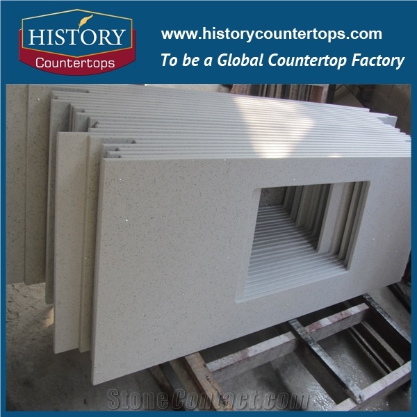 China Crystal White Quartz Kitchen Island Bar Tops Worktops with Customized Edges, Engineered Coutertops Polished Surface for Multi-Family and Apartment Projects
