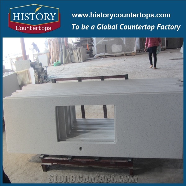 China Crystal White Quartz Kitchen Island Bar Tops Worktops with Customized Edges, Engineered Coutertops Polished Surface for Multi-Family and Apartment Projects