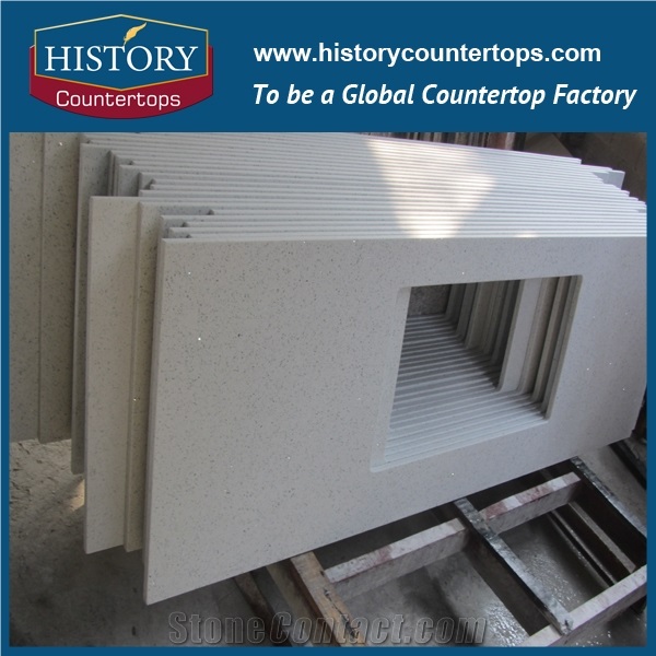 Crystal White Quartz Kitchen Island Bench Top with Customized Edges Flat Edge for Construction, Artificial Stone Countertops Custom Polished Solid Surface for Multi-Family and Apartment Projects