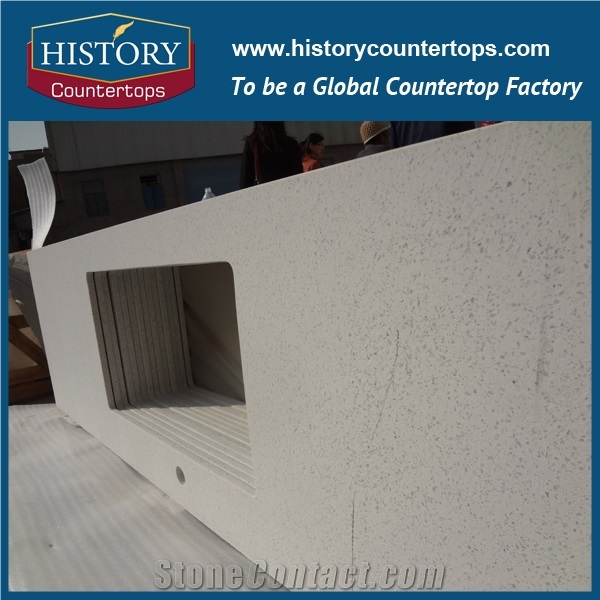 Crystal White Quartz Kitchen Island Bench Top with Customized Edges Flat Edge for Construction, Artificial Stone Countertops Custom Polished Solid Surface for Multi-Family and Apartment Projects
