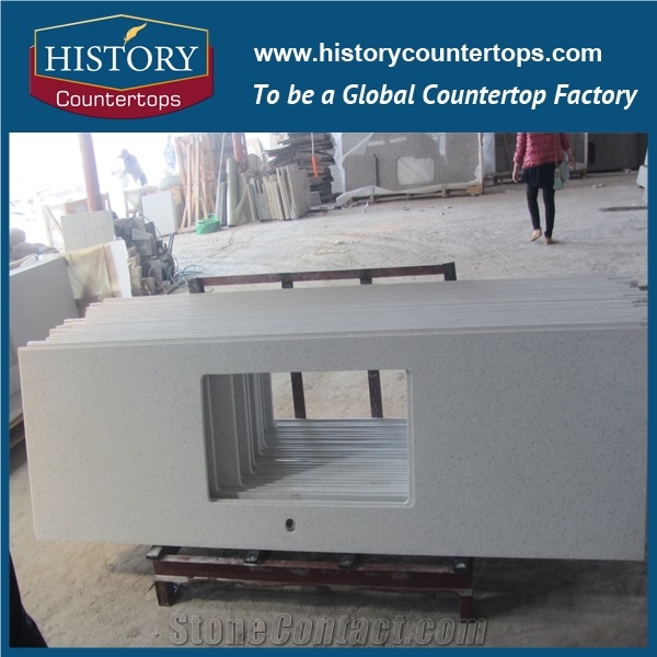 Crystal White Quartz Kitchen Island Bench Top with Customized Edges Flat Edge for Construction, Artificial Stone Countertops Custom Polished Solid Surface for Multi-Family and Apartment Projects