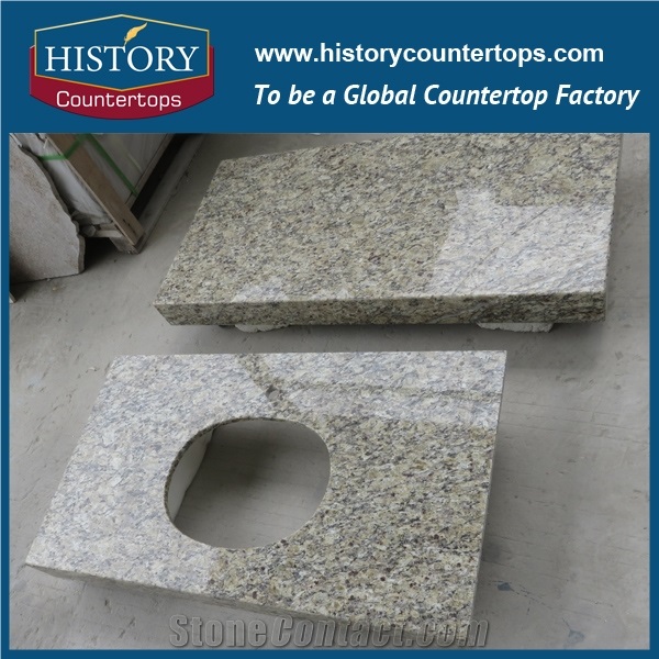 Giallo Ornamental Vanity Top with Single or Double Sinks for Bath Designs, Engineered Bathroom Natural Granite Stone Top Polished Surface for Hospitality Projects