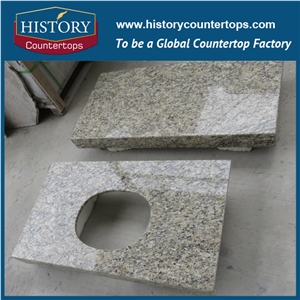 Giallo Ornamental Vanity Top with Single or Double Sinks for Bath Designs, Engineered Bathroom Natural Granite Stone Top Polished Surface for Hospitality Projects