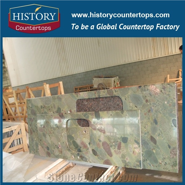 Pebble Green Granite Countertops with Customized Edges for Sales, Engineered Kitchen Island Bench Top Worktops Solid Surface for Multi-Family and Apartment Projeccts