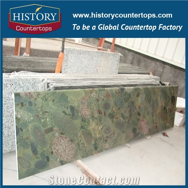 Pebble Green Granite Countertops with Customized Edges for Sales, Engineered Kitchen Island Bench Top Worktops Solid Surface for Multi-Family and Apartment Projeccts