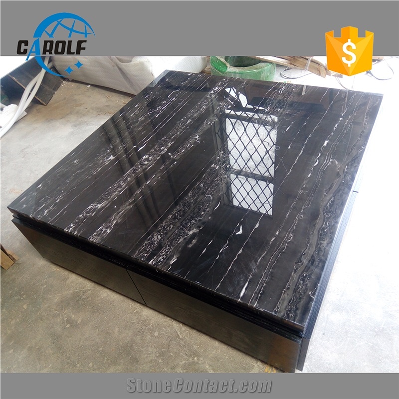 Silver Dragon Marble Square Coffee Table with Black Oak Wooden Base