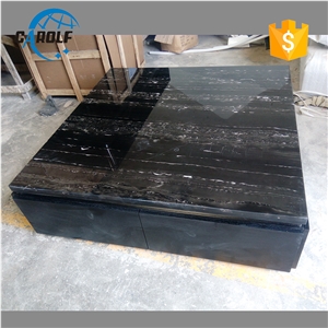 Silver Dragon Marble Square Coffee Table with Black Oak Wooden Base