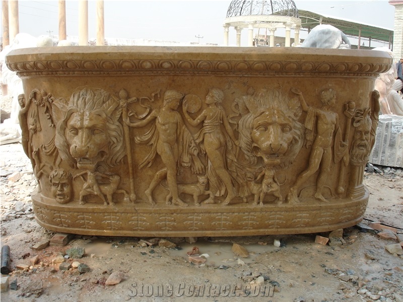 Hand Carved Yellow Limestone Bathtub with Sculptures