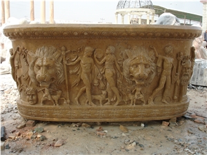 Hand Carved Yellow Limestone Bathtub with Sculptures
