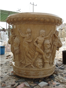 Hand Carved Yellow Limestone Bathtub with Sculptures