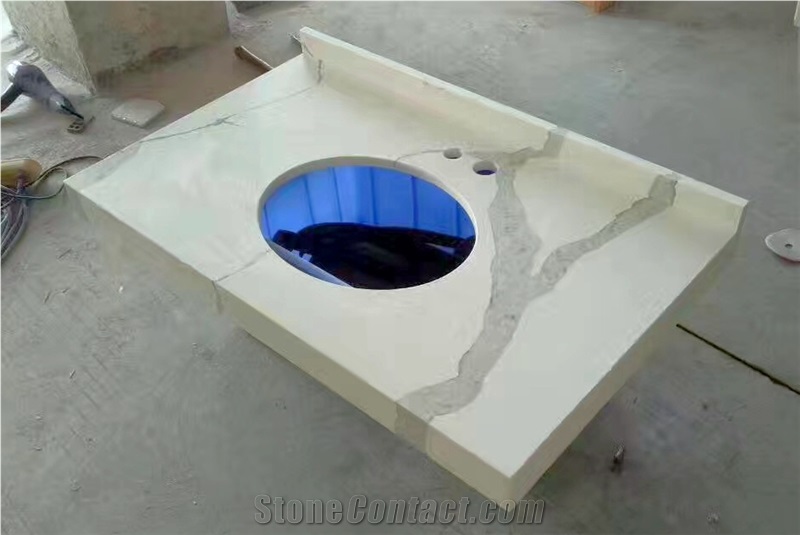 A Quality Calacatta White Marble Look Quartz Stone Solid Surfaces Polished Vanity Top,Engineered Stone Artificial Marble Bath Tops Own Factory