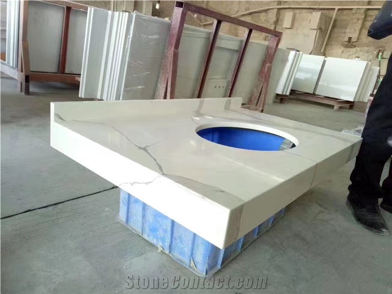 A Quality Calacatta White Marble Look Quartz Stone Solid Surfaces Polished Vanity Top,Engineered Stone Artificial Marble Bath Tops Own Factory