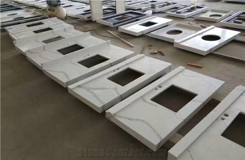 A Quality Calacatta White Marble Look Quartz Stone Solid Surfaces Polished Vanity Top,Engineered Stone Artificial Marble Bath Tops Own Factory